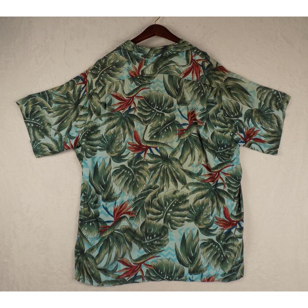 Hilo Hattie Mens XL‎ Hawaiian Shirt Blue Tropical Bird of Paradise Monstera Leaf
